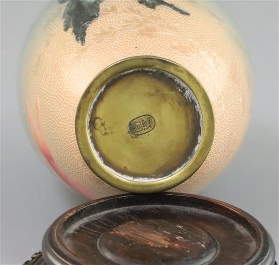A Japanese wireless cloisonne Ginbari enamel carp vase, by Ogasawara Shuzo, Meiji Period, H. 15 cm, faults